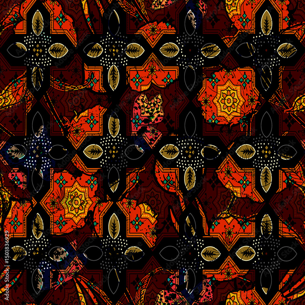 Naklejka premium Abstract Seamless Pattern Design, Repeatable Textile Fabric Print, Multicolor Allover Floral Design