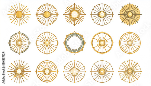 Collection of 16 ornate, circular sunburst designs in gold and grey tones, varying in style and detail