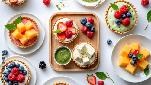 Wallpaper Mural Curated collection of summer desserts including fruit tarts topped with fresh berries, mango cubes, and creamy fillings, beautifully arranged Torontodigital.ca