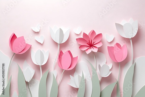 Elegant Pink and White Paper Flowers on Light Pink Textured Background Design