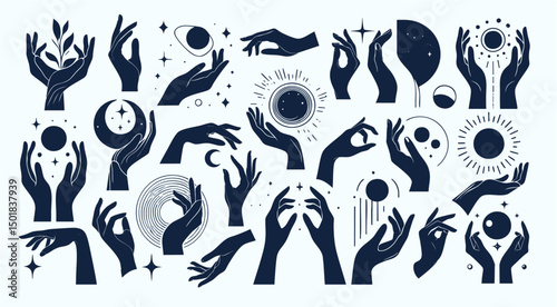 Collection of Minimal Silhouette Style Magical Hands Vector Illustration – Mystic Palm and Hand Symbols for Astrology, Tarot, Spiritual Art, Magical Design, Celestial Posters, and Witchy Graphics