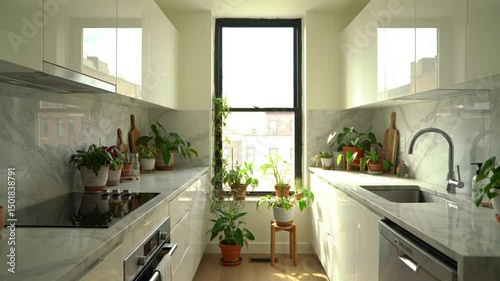 Modern Kitchen Interior Filled With Natural Light And Potted Plants