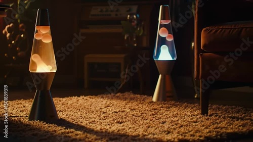 Retro Aesthetics: Lava Lamps Softly Illuminating Cozy Living Room Scene