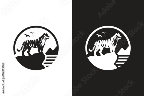 Tiger standing on a rock icon. Animal concept logo vector