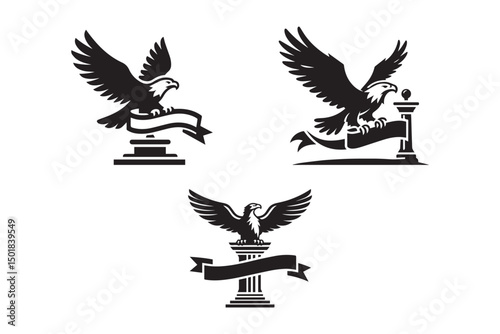 Set of Eagle bird flying and holding a banner statue icon. Vector illustration