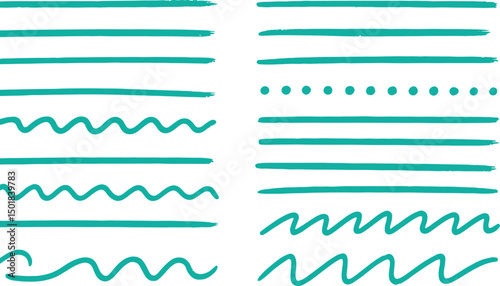 Chalk crayon line collection - straight strokes, dotted rows, wavy patterns, zigzag marks with grunge textured surface. Hand drawn underline elements for design emphasis or decorative borders.