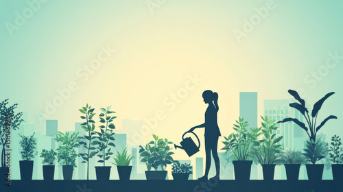 clean flat design of a person watering plants in an urban garden, bold silhouette with clear lines, fresh gradient background blending mint green and sky blue, minimalist and clean for marketing mater