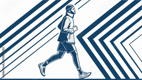 Stylized illustration of a man jogging in athletic wear with abstract geometric background
