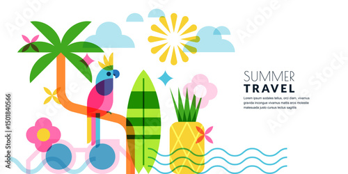 Summer background with palm, parrot, pineapple, surfboard. Vector flat illustration. Beach party banner, poster design