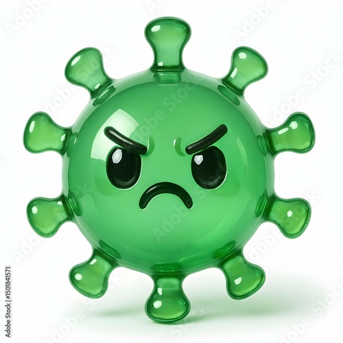 3d abstract glass green emotional virus. Angry character cute kawaii cartoon virus with emoji isolated.