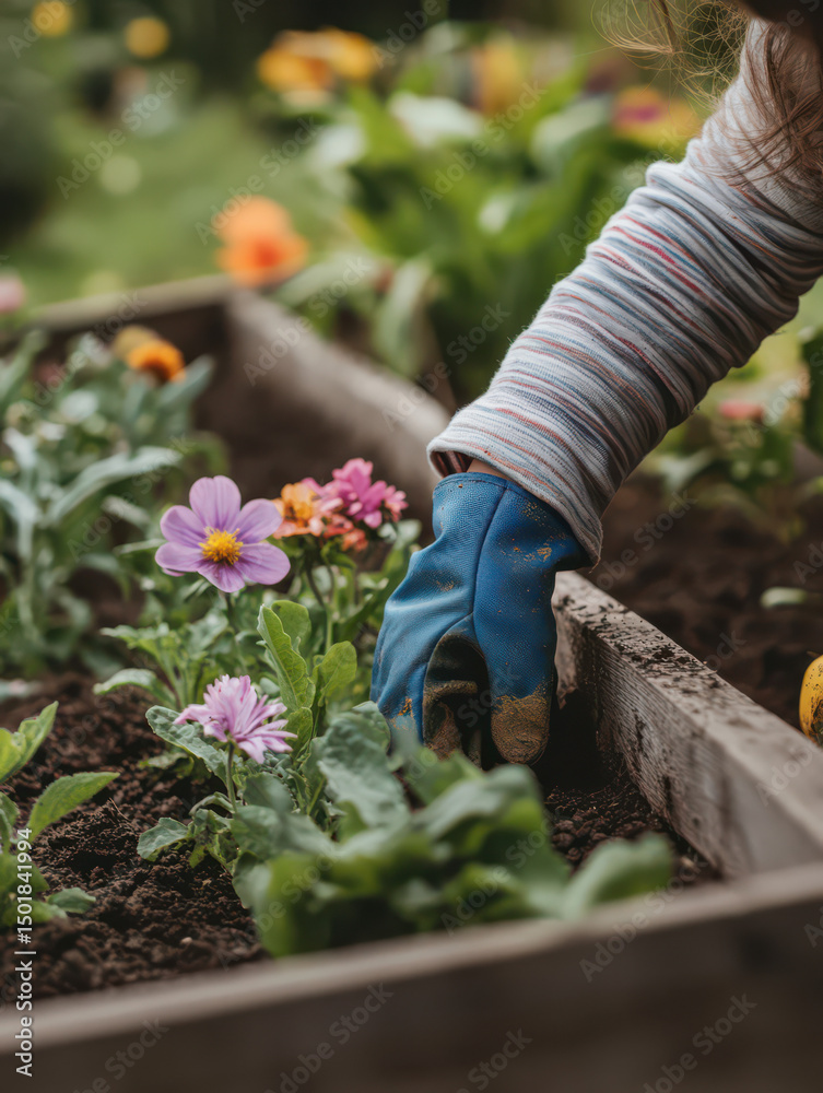 Fototapeta premium Gardening with Blooming Flowers: A close-up shot of a person tending to colorful flowerbeds, showcasing vibrant blooms amid rich, dark soil, signifying the joy of nurturing life.
