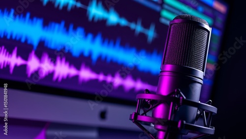 Microphone in front of a computer screen displaying a blue and purple soundwave, perfect for podcasting or music recording.
