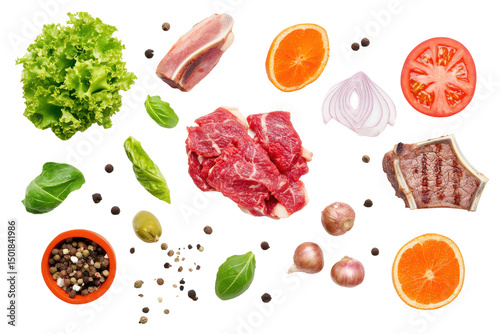A vibrant culinary canvas of meats greens and fruits on a stark white background