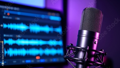 Studio microphone with audio wave monitor for recording, podcasting, and content creation in a purple-lit professional environment.