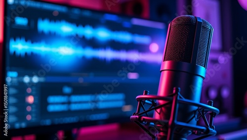 Studio Microphone Ready for Recording: Capture clear audio in a professional environment.  Ideal for music, podcasting, and voiceovers.