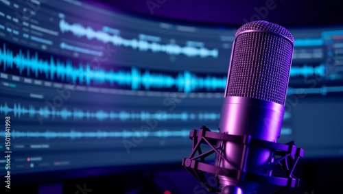 Studio microphone against a sound wave display. Professional audio equipment for recording, podcasting, and broadcasting in a dark, neon-lit setup.
