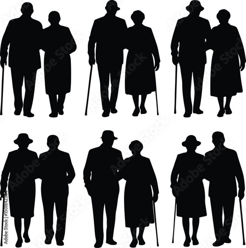 Old Couple Walking Silhouette Set – Elderly Love Vector Design Senior Couple Strolling Silhouettes – Aging Gracefully Graphic Pack