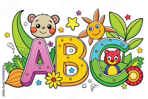 Cute Cartoon ABC Letters with Animals and Flowers