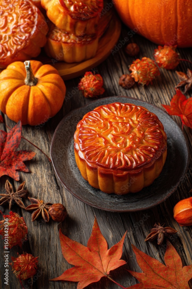 custom made wallpaper toronto digitalMooncake Still Life Photography featuring Autumnal Decor on Rustic Wood Tabletop for Mid Autumn Festival Celebration