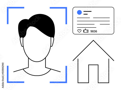 Profile scan with identification icon, social media engagement metrics, and home outline. Ideal for digital identity, security, user experience, social interaction, data privacy, technology use
