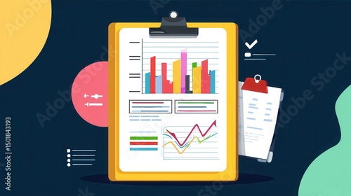 Business analytics and data visualization with colorful bar charts and line graphs on a clipboard representing financial growth and performance tracking