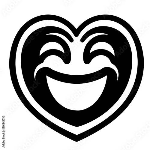 A laughing heart-shaped emoticon, illustrated in a bold, black-and-white style.