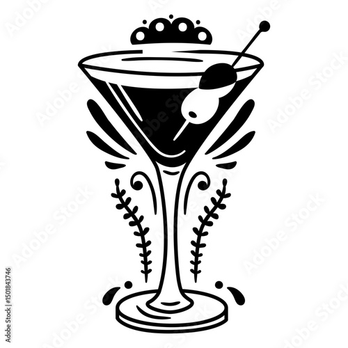 Ornamented cocktail glass drink filled stroke