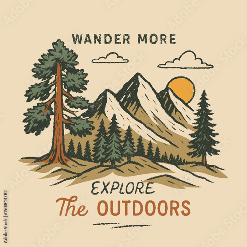 vintage grunge effets mountain lake pain tree.  autumn winter t-shirt  design. Explore more relax zone slogan. Outdoors graphics for adventure. mountain tee prints. campfaire outdoors vintage artwork.