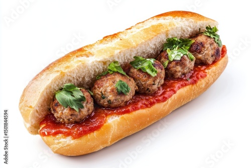 Delicious meatball sub isolated on white background