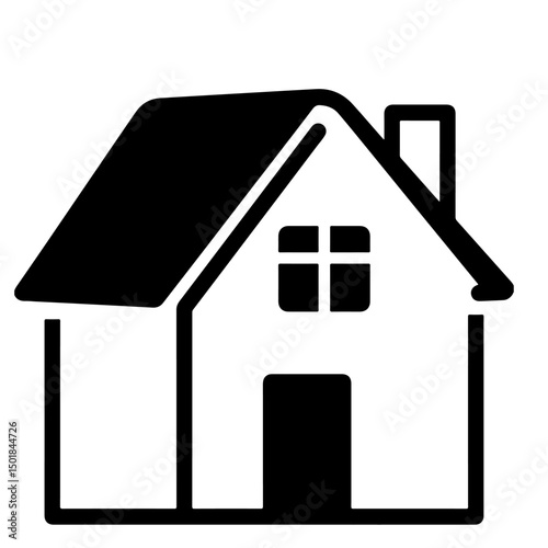 A simple black illustration of a house with a roof, chimney, window, and door.