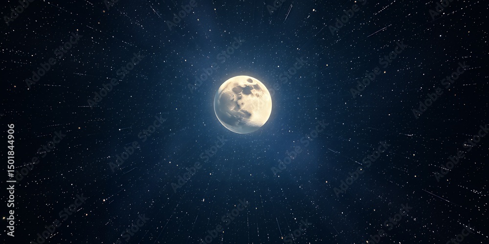 Fototapeta premium A luminous full moon glows amidst a dark sky filled with twinkling stars and meteor showers