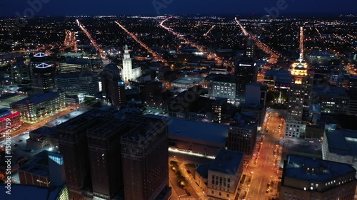 Buffalo New York City Skyline Fall Autumn Night Drone Aerial 4K