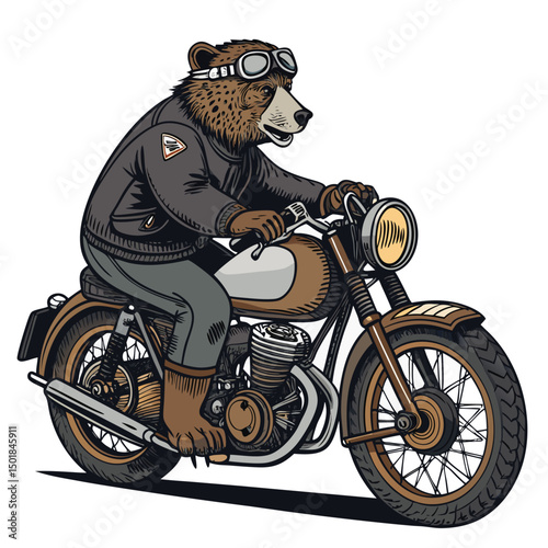 A grizzly bear wearing goggles, confidently riding a vintage motorcycle, emblem prominently displayed.  The scene is outdoors, possibly a forest clearing.