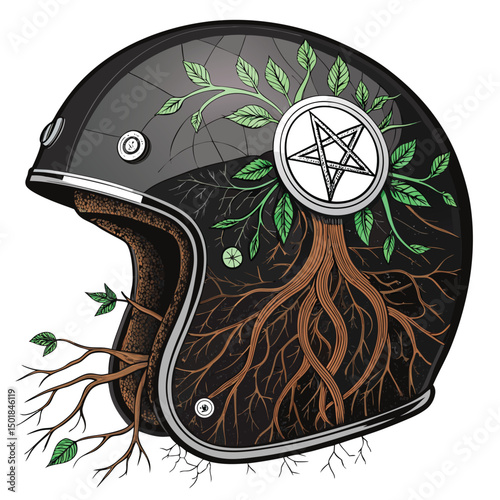 A weathered biker helmet, cracked open, reveals vibrant green roots and shoots sprouting from within, symbolizing nature's reclamation.