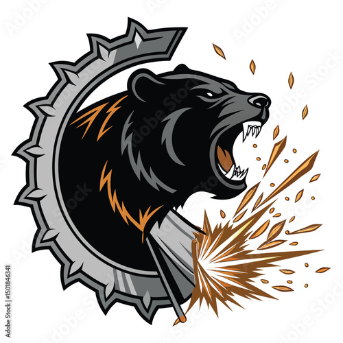 A powerful black bear ferociously tearing apart a steel badge, its claws ripping through the metal, with a spar (piece of wood) nearby.