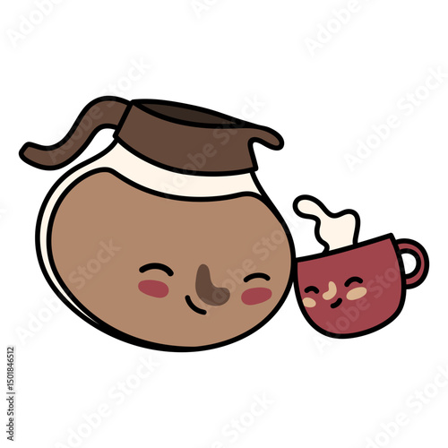 Cartoon coffee pot with a cute coffee cup