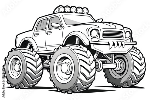 Cartoon Monster Truck Illustration Black and White