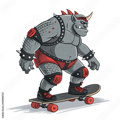 A massive, green-skinned ogre with spiked kneepads skillfully skateboarding down a ramp, showcasing surprising agility.