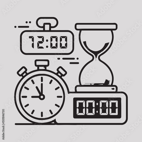 Time Management and Stopwatch Icon Set – Clock, Hourglass, Timer, Alarm and Digital Time Icons
