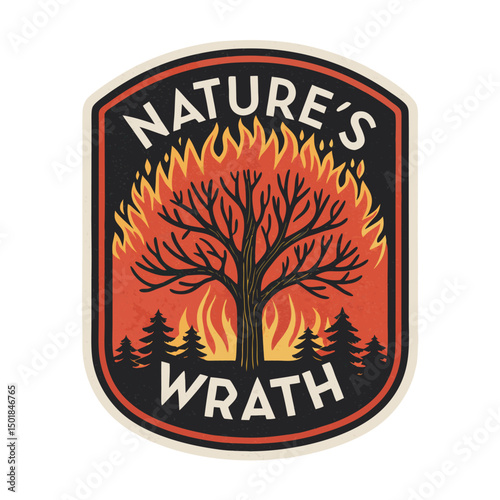 Design a wildfire symbol patch featuring a burning tree engulfed in flames within a circular design.  Include the number '1' prominently.