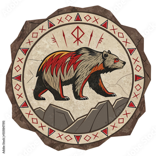 Create a weathered stone emblem featuring a cave bear silhouette, emphasizing worn texture and a distressed aesthetic.  Include the number (1).