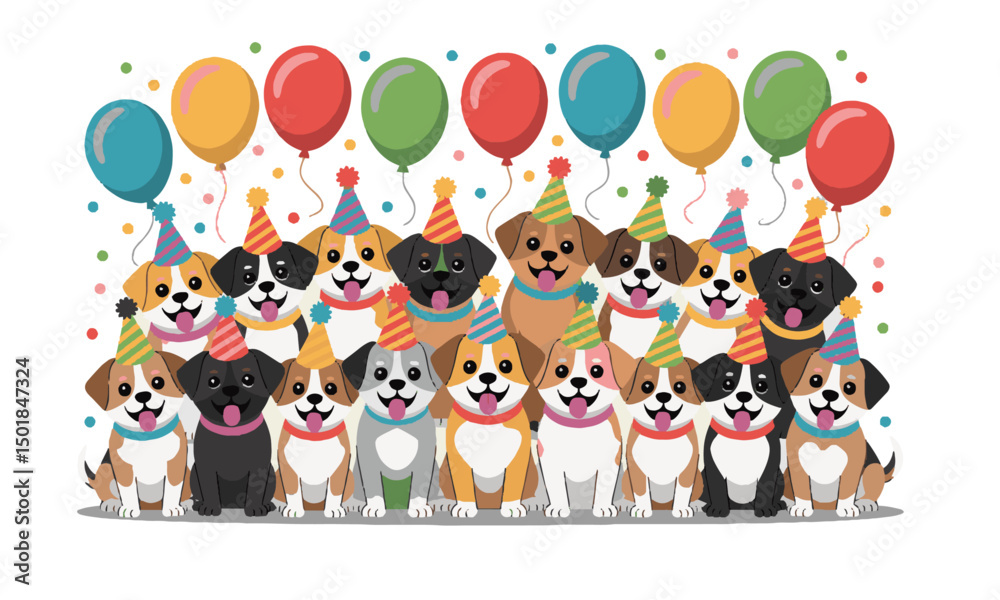 Fototapeta premium Modern vector cute cartoon dogs of various breeds in a cheerful party scene, easily scalable and editable.