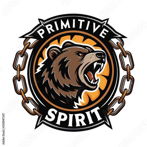 Design a logo a chained bear claw, evoking primitive power & tribal spirit; incorporate a stylized 'T' within the design.