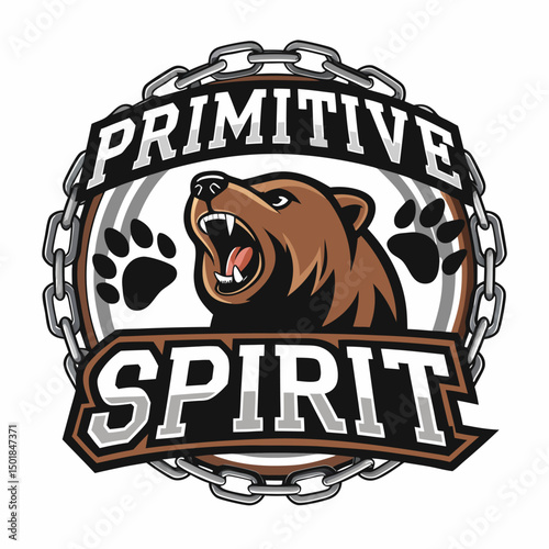 Design a logo a bear claw enclosed in a chain, conveying a primitive, tribal, and strong spirit.  Include a stylized 'T' incorporated within the design.
