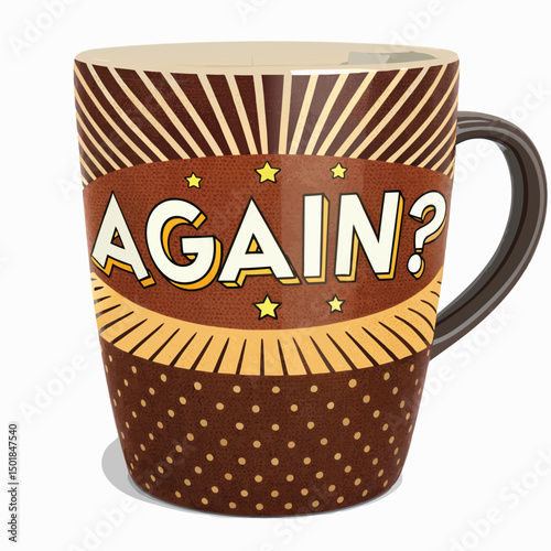A comical illustration of a brown coffee mug with a wide, screaming mouth, expressing cheerful exuberance.