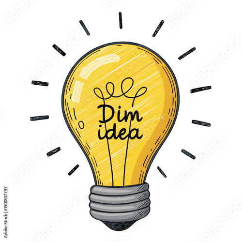Create a cute chibi illustration of a lightbulb with the text "Dim Idea" written below, colored primarily yellow.  Add a slight shadow for depth.