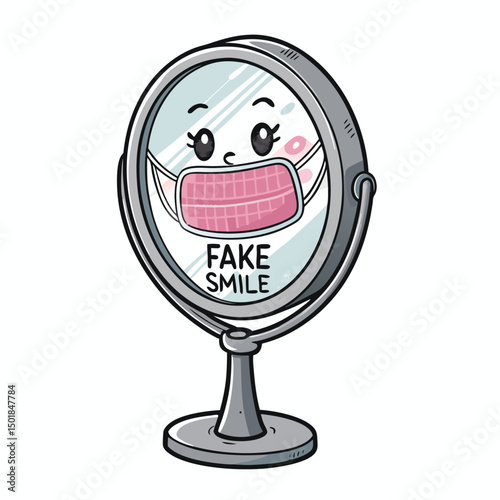 A cute chibi mirror character, holding a forced smiling mask, showcasing inner sadness; anime style.