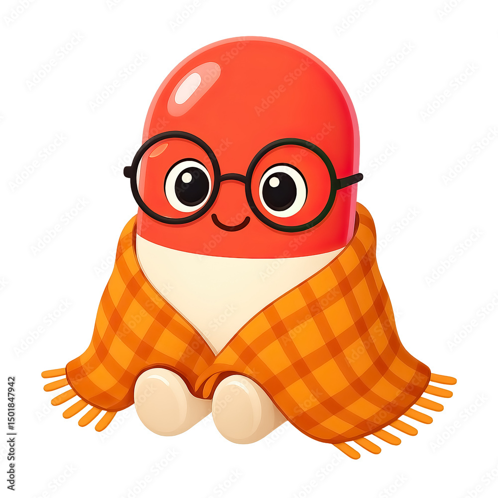 Fototapeta premium Cute Red and White Pill with Glasses Wrapped in Plaid Blanket, Cutout Transparent PNG