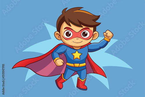 Cute Little Boy Superhero Flying Action Cartoon Illustration