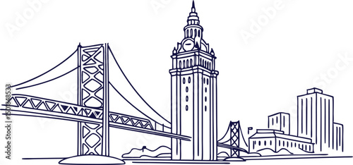 A minimalist line drawing of the Oakland skyline, featuring the Tribune Tower and Bay Bridge in a modern, continuous-line style.